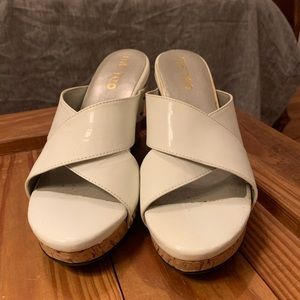 Me Too White Leather Cork Wedges